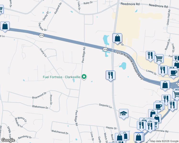 map of restaurants, bars, coffee shops, grocery stores, and more near 2344 Pea Ridge Road in Clarksville