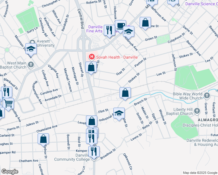 map of restaurants, bars, coffee shops, grocery stores, and more near 1244 Stokes Street in Danville