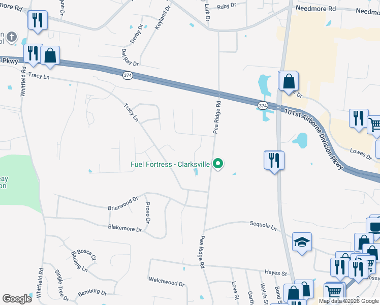 map of restaurants, bars, coffee shops, grocery stores, and more near 2326 Button Drive in Clarksville