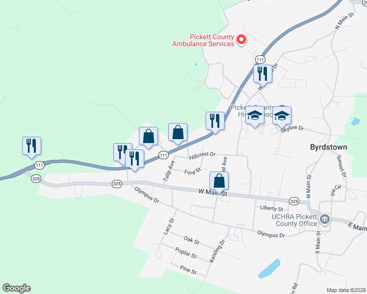 map of restaurants, bars, coffee shops, grocery stores, and more near 8542 Tennessee 111 in Byrdstown