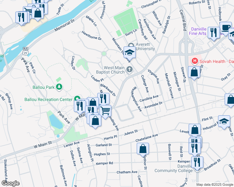 map of restaurants, bars, coffee shops, grocery stores, and more near 524 West Main Street in Danville