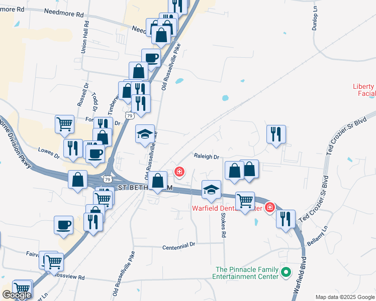 map of restaurants, bars, coffee shops, grocery stores, and more near 2308 Raleigh Court in Clarksville