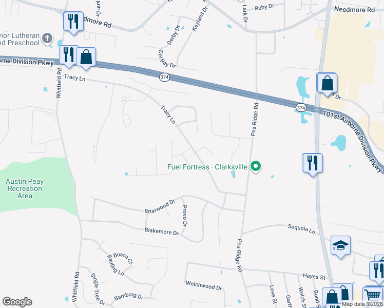 map of restaurants, bars, coffee shops, grocery stores, and more near 584 Tracy Lane in Clarksville