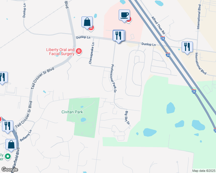 map of restaurants, bars, coffee shops, grocery stores, and more near 900 Professional Park Drive in Clarksville