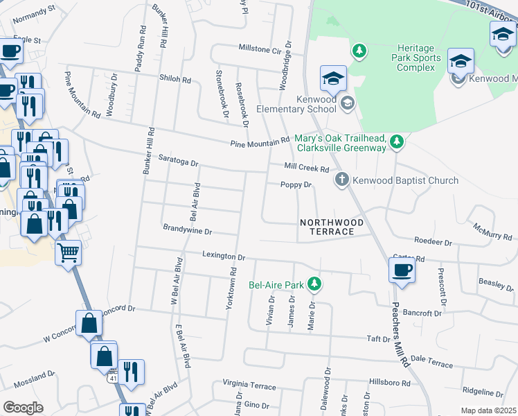 map of restaurants, bars, coffee shops, grocery stores, and more near 252 Northwood Terrace in Clarksville