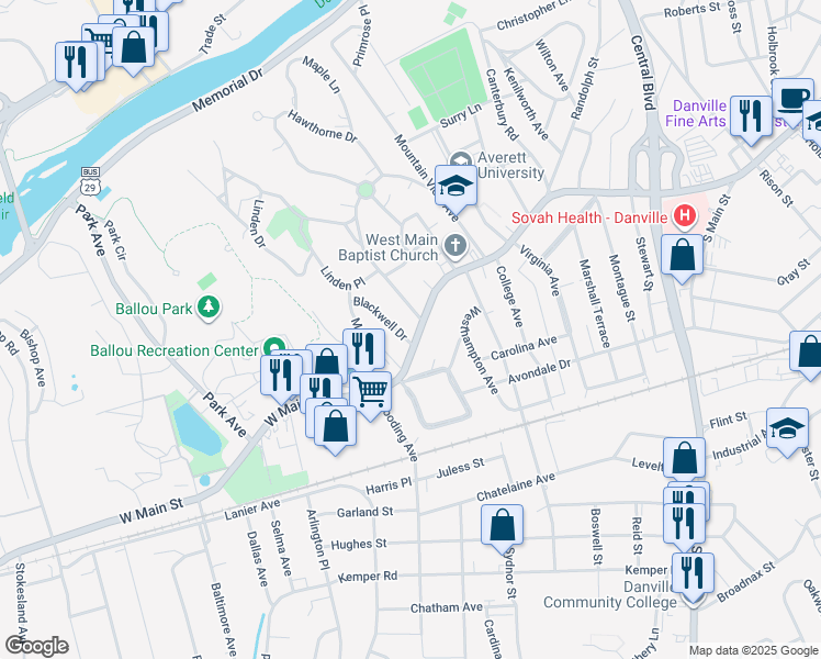 map of restaurants, bars, coffee shops, grocery stores, and more near 524 West Main Street in Danville