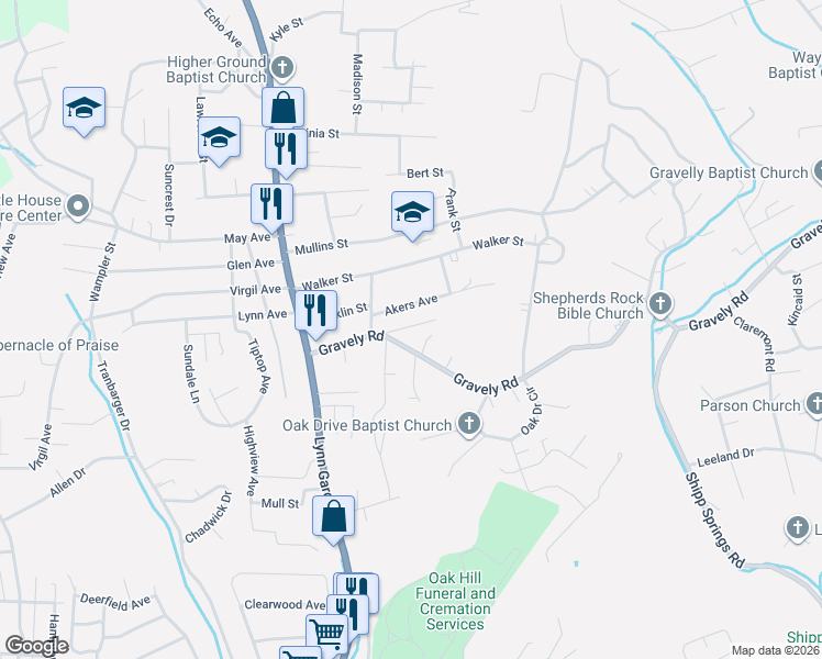 map of restaurants, bars, coffee shops, grocery stores, and more near 177 Gravely Road in Kingsport