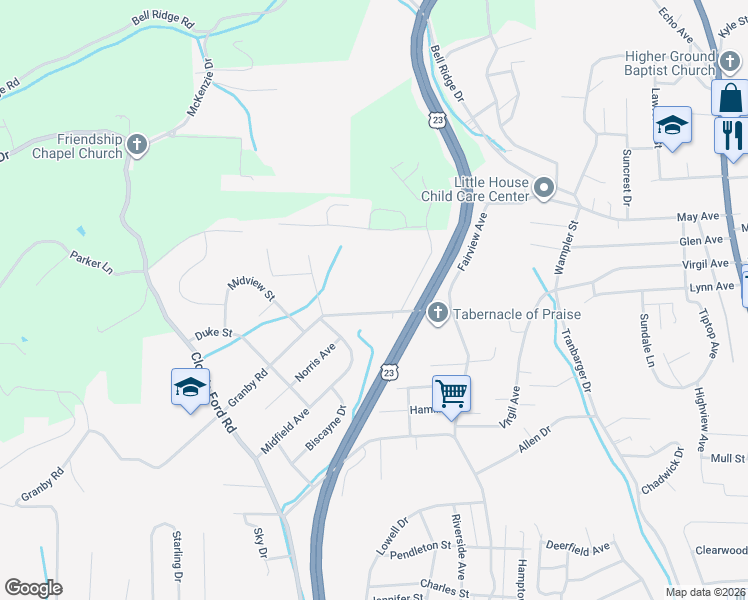 map of restaurants, bars, coffee shops, grocery stores, and more near 2032 Granby Road in Kingsport