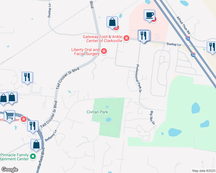 map of restaurants, bars, coffee shops, grocery stores, and more near 851 October Road in Clarksville
