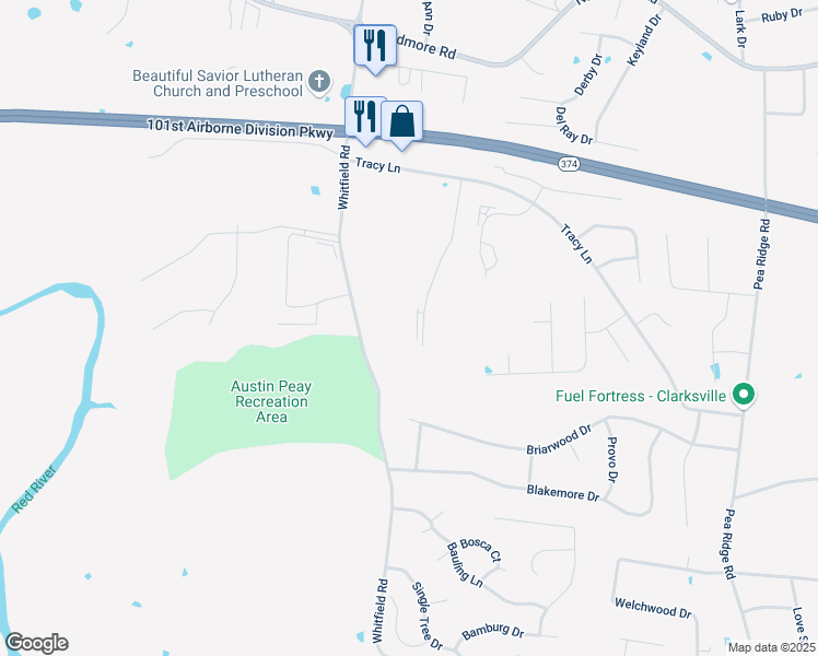 map of restaurants, bars, coffee shops, grocery stores, and more near 2381 Whitfield Road in Clarksville