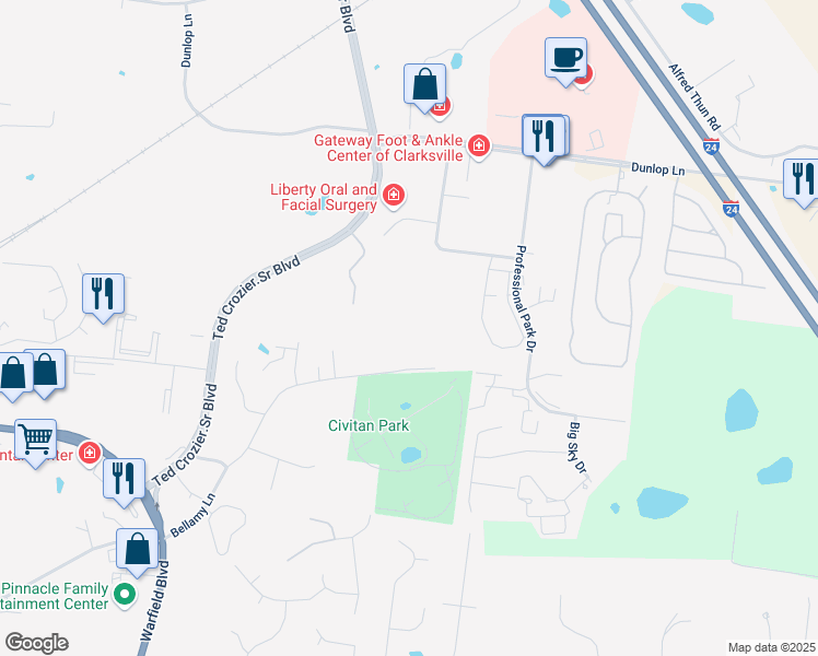 map of restaurants, bars, coffee shops, grocery stores, and more near 851 October Road in Clarksville