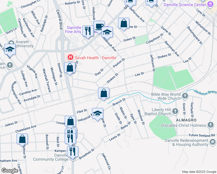 map of restaurants, bars, coffee shops, grocery stores, and more near 899 Dodd Street in Danville