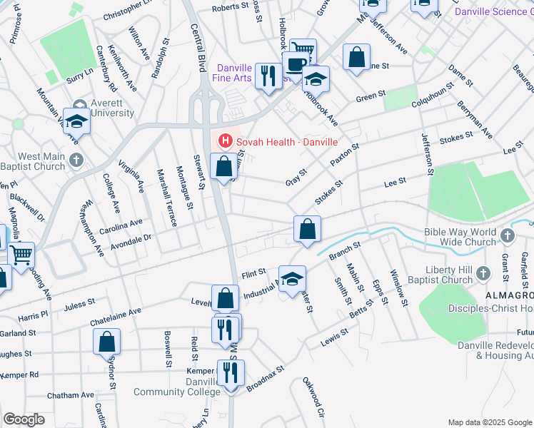 map of restaurants, bars, coffee shops, grocery stores, and more near 1244 Stokes Street in Danville