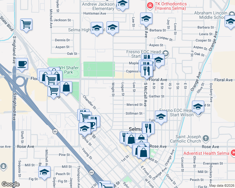map of restaurants, bars, coffee shops, grocery stores, and more near 2224 Gaither Street in Selma