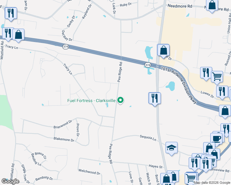 map of restaurants, bars, coffee shops, grocery stores, and more near 2344 Pea Ridge Road in Clarksville