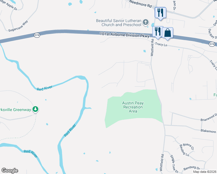 map of restaurants, bars, coffee shops, grocery stores, and more near 2121 Prewitt Lane in Clarksville