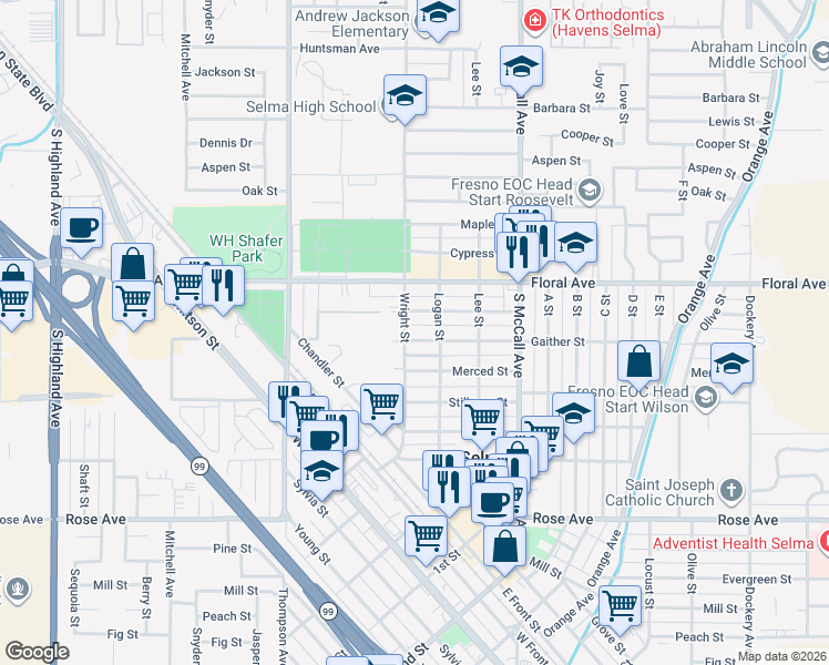 map of restaurants, bars, coffee shops, grocery stores, and more near 2224 Gaither Street in Selma