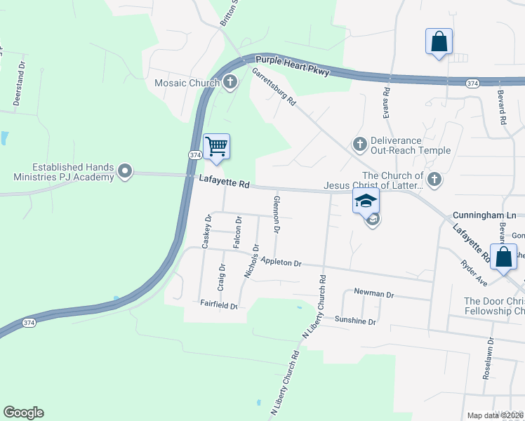map of restaurants, bars, coffee shops, grocery stores, and more near 527 Caskey Drive in Clarksville