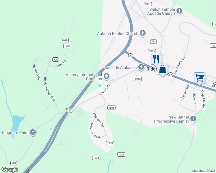 map of restaurants, bars, coffee shops, grocery stores, and more near Church St in Ridgeway