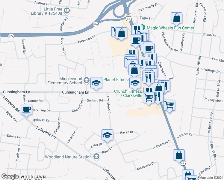 map of restaurants, bars, coffee shops, grocery stores, and more near 211 Cunningham Lane in Clarksville