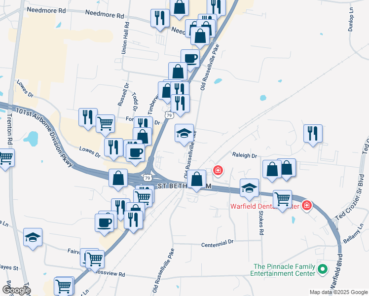 map of restaurants, bars, coffee shops, grocery stores, and more near 2450 Old Russellville Pike in Clarksville