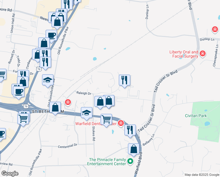 map of restaurants, bars, coffee shops, grocery stores, and more near 227 Cedarbend Road in Clarksville