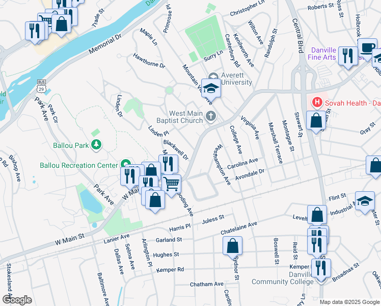 map of restaurants, bars, coffee shops, grocery stores, and more near 520 West Main Street in Danville