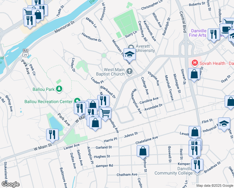 map of restaurants, bars, coffee shops, grocery stores, and more near 520 West Main Street in Danville