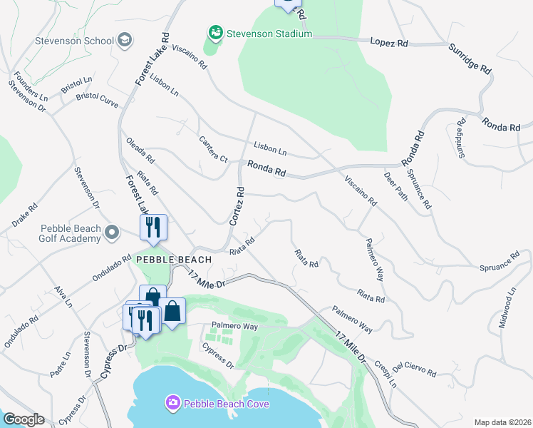 map of restaurants, bars, coffee shops, grocery stores, and more near 1519 Riata Road in Del Monte Forest