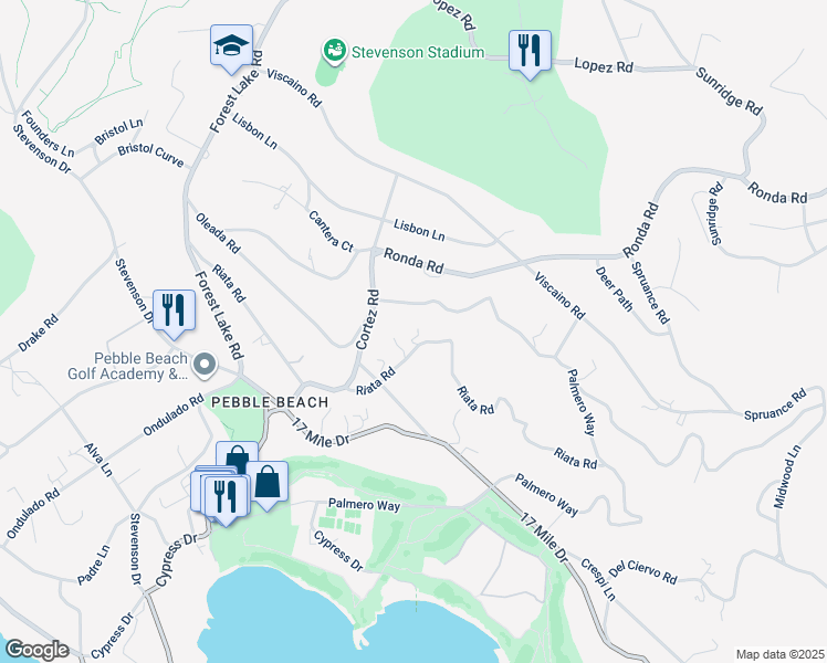 map of restaurants, bars, coffee shops, grocery stores, and more near 1519 Riata Road in Del Monte Forest