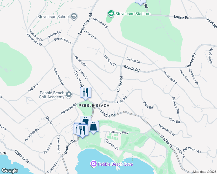map of restaurants, bars, coffee shops, grocery stores, and more near 1463 Oleada Road in Del Monte Forest