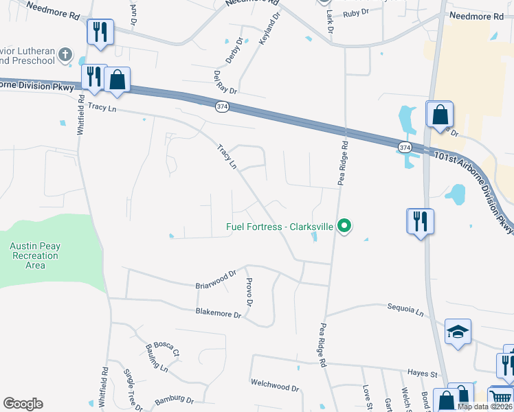 map of restaurants, bars, coffee shops, grocery stores, and more near 584 Tracy Lane in Clarksville