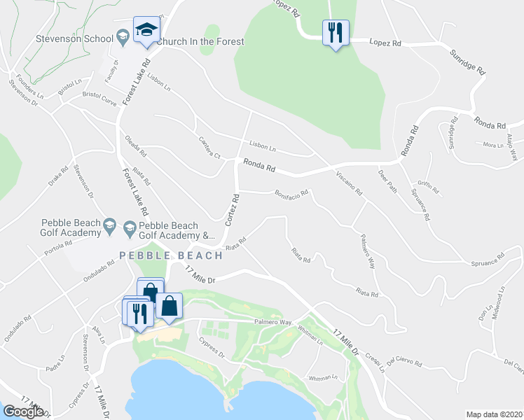 map of restaurants, bars, coffee shops, grocery stores, and more near 1519 Riata Road in Del Monte Forest