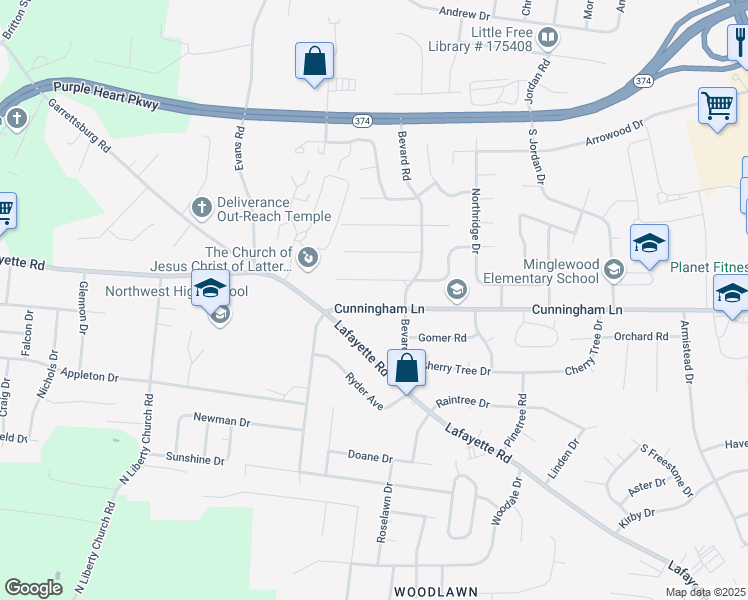 map of restaurants, bars, coffee shops, grocery stores, and more near 327 Cunningham Lane in Clarksville