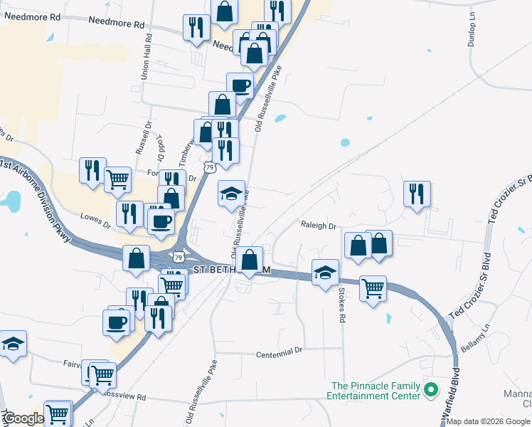 map of restaurants, bars, coffee shops, grocery stores, and more near 2453 Old Russellville Pike in Clarksville