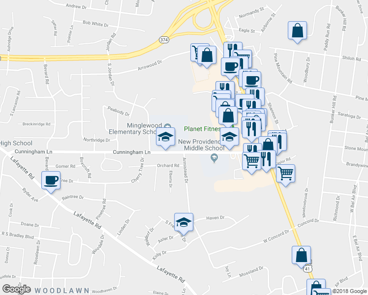 map of restaurants, bars, coffee shops, grocery stores, and more near 211 Cunningham Lane in Clarksville