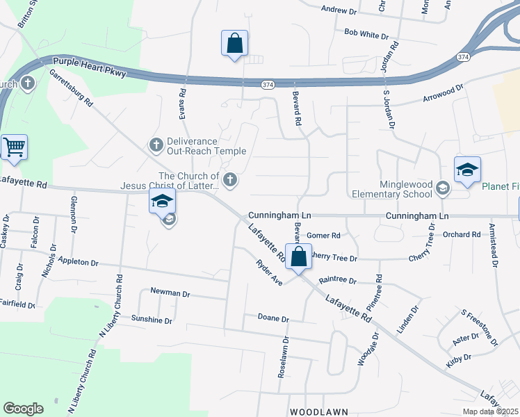 map of restaurants, bars, coffee shops, grocery stores, and more near 333 Cunningham Lane in Clarksville