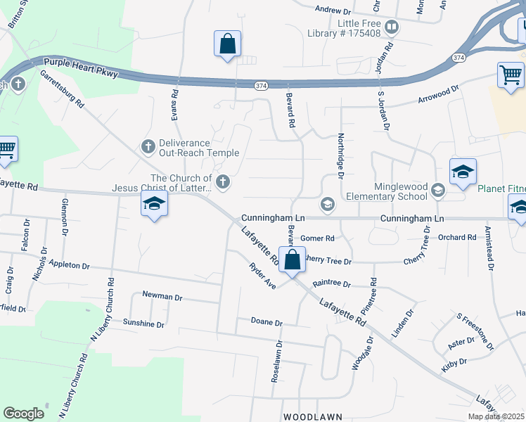 map of restaurants, bars, coffee shops, grocery stores, and more near 329 Cunningham Lane in Clarksville