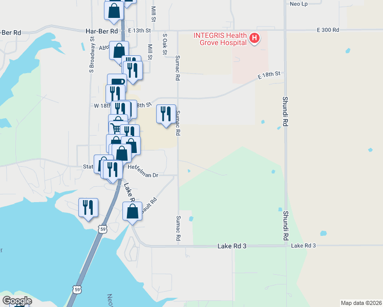 map of restaurants, bars, coffee shops, grocery stores, and more near 2029 Sumac Road in Grove