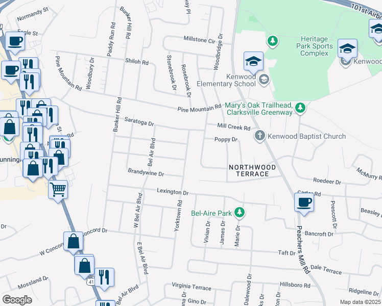 map of restaurants, bars, coffee shops, grocery stores, and more near 252 Northwood Terrace in Clarksville