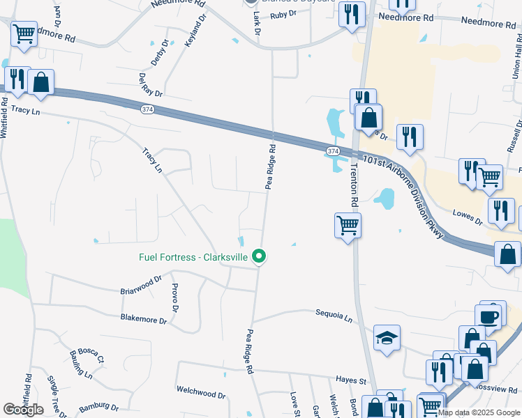 map of restaurants, bars, coffee shops, grocery stores, and more near 2340 Pea Ridge Road in Clarksville