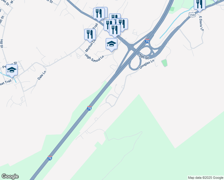 map of restaurants, bars, coffee shops, grocery stores, and more near 320 Douglas Lane in Jellico
