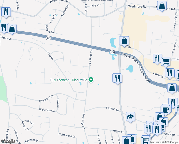 map of restaurants, bars, coffee shops, grocery stores, and more near 2340 Pea Ridge Road in Clarksville
