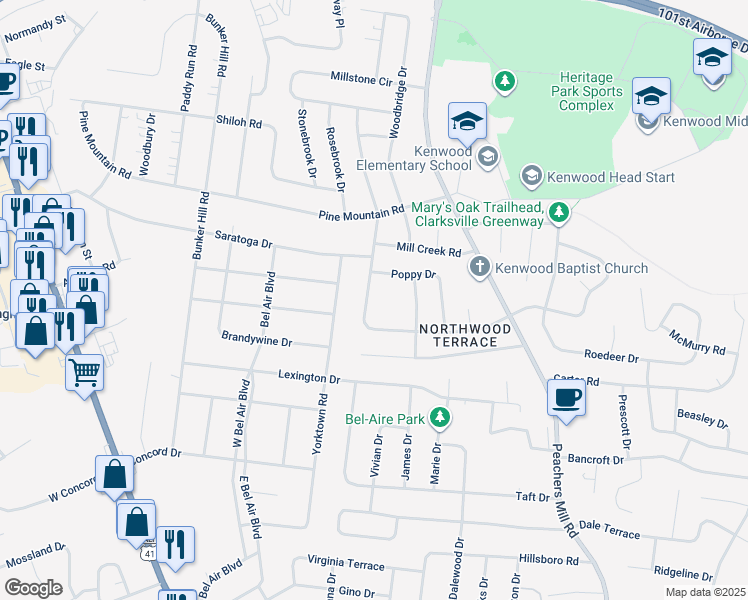 map of restaurants, bars, coffee shops, grocery stores, and more near 253 Northwood Terrace in Clarksville