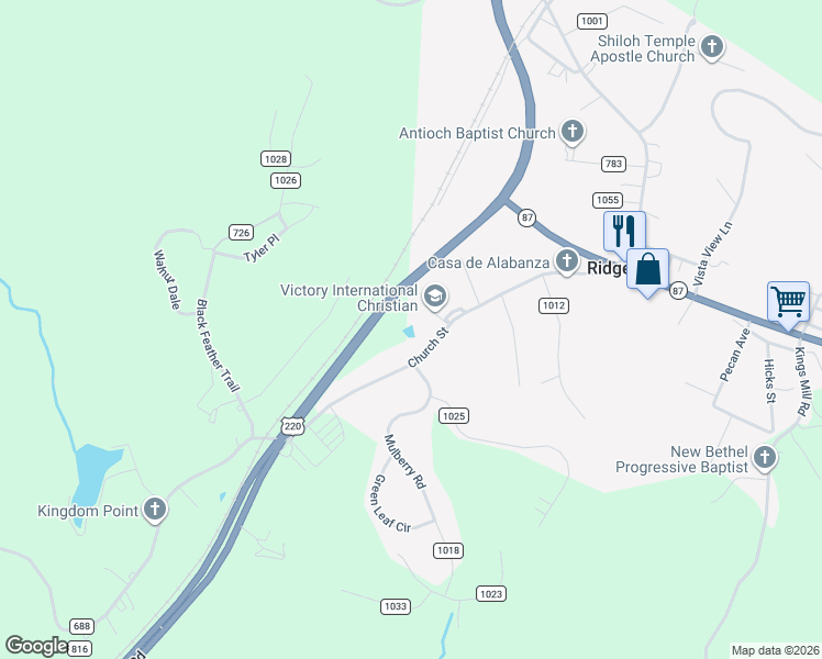 map of restaurants, bars, coffee shops, grocery stores, and more near Church St in Ridgeway