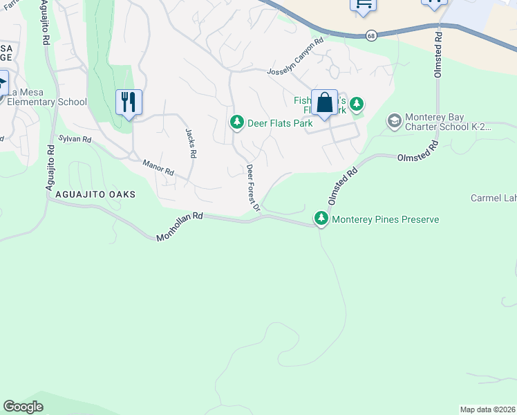 map of restaurants, bars, coffee shops, grocery stores, and more near 32 Deer Forest Drive in Monterey