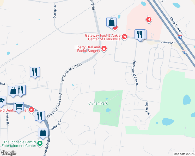 map of restaurants, bars, coffee shops, grocery stores, and more near 851 Ted A Crozier Sr Boulevard in Clarksville