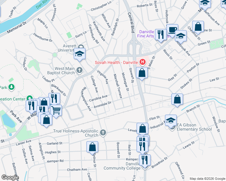 map of restaurants, bars, coffee shops, grocery stores, and more near 128-298 Virginia Ave in Danville