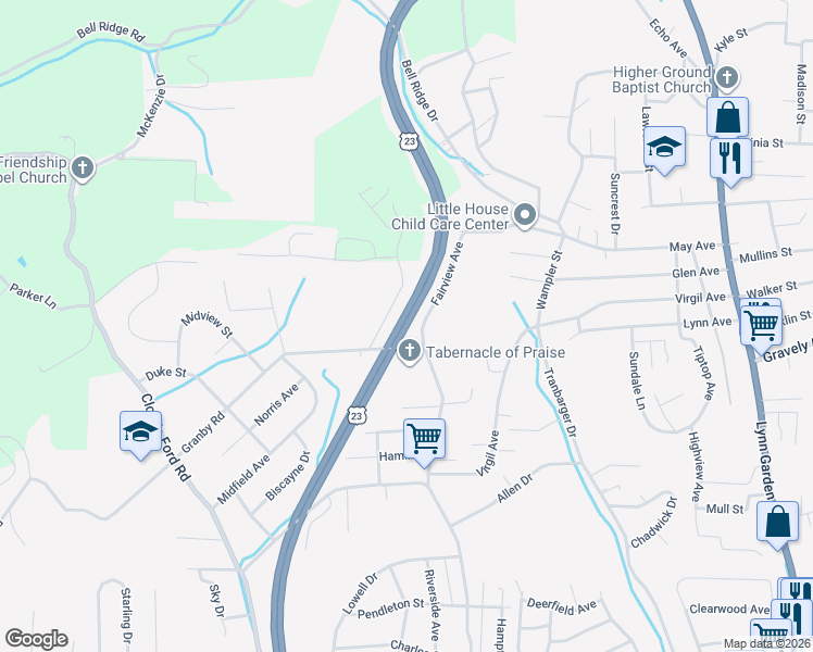map of restaurants, bars, coffee shops, grocery stores, and more near Tennessee 137 in Sullivan County