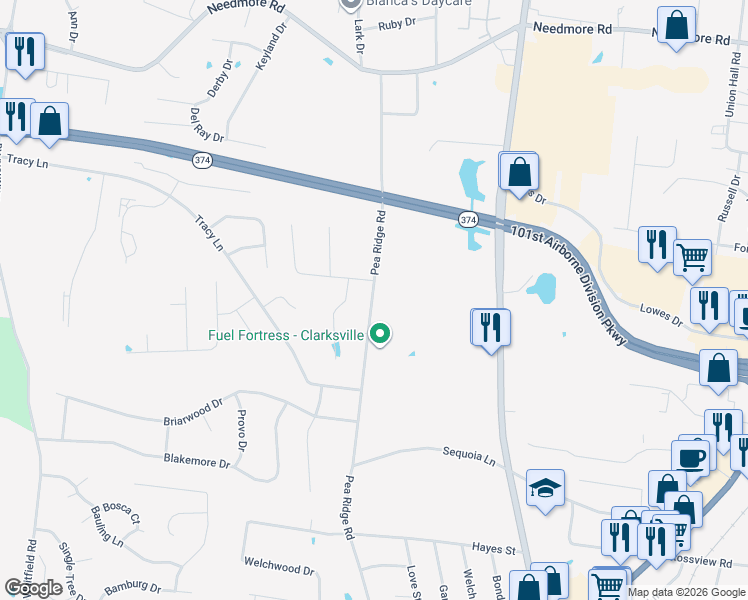 map of restaurants, bars, coffee shops, grocery stores, and more near 2340 Pea Ridge Road in Clarksville